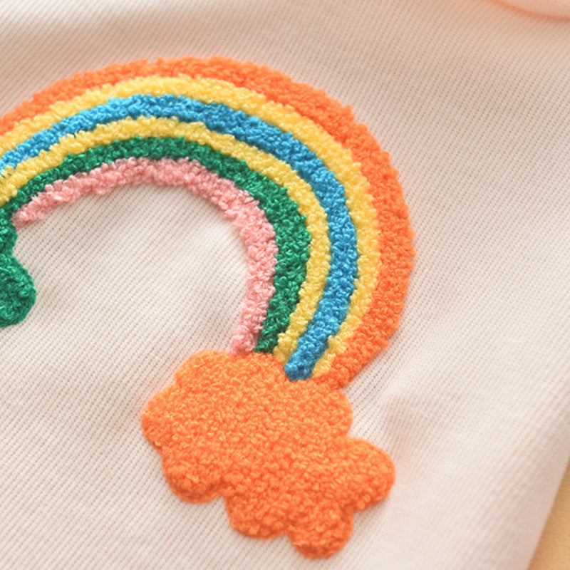 ふんわり可憐に春秋コーデが完成する 女の子長袖ワンピース レインボー刺繍 ボーダー袖 フード付き コットン素材 90~130cm