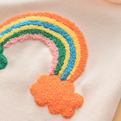 ふんわり可憐に春秋コーデが完成する 女の子長袖ワンピース レインボー刺繍 ボーダー袖 フード付き コットン素材 90~130cm