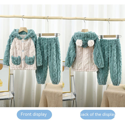 ぬくもりが続く 子どもフランネルフード付きパジャマ上下セット うさぎ耳カートゥーン ジャカード 90~160cm