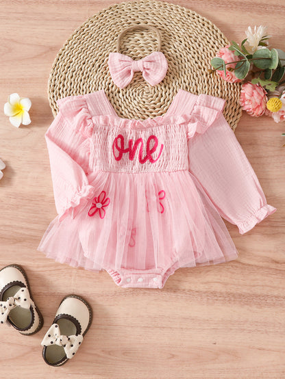 バースデーにふんわり映える 女の子長袖ロンパース チュールスカート重ね one刺繍 コットンニット ピンク・ベージュ・オリーブ 6〜18ヶ月