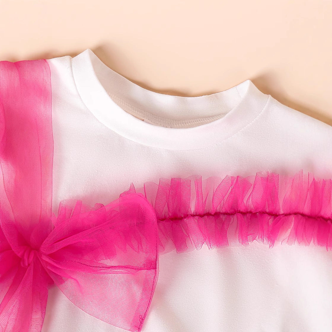 甘さをひとさじプラスできる 女の子半袖Tシャツ＆デニムショートパンツ＆ベルトセット チュールリボンデザイン コットン素材 4~7歳