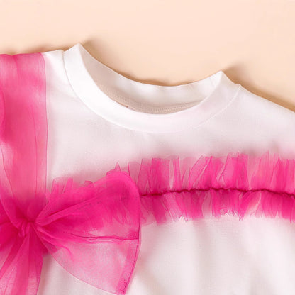 甘さをひとさじプラスできる 女の子半袖Tシャツ＆デニムショートパンツ＆ベルトセット チュールリボンデザイン コットン素材 4~7歳