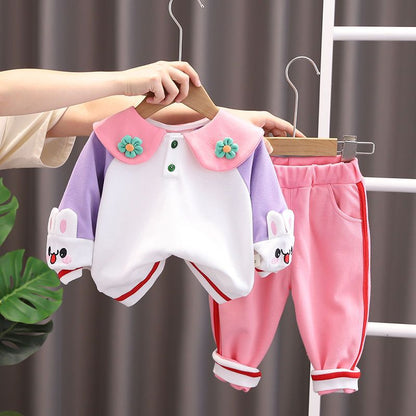 秋のおでかけに映える 女の子長袖トップス&ロングパンツ上下セット セーラーカラー花モチーフとうさぎ袖デザイン コットン 80〜120cm