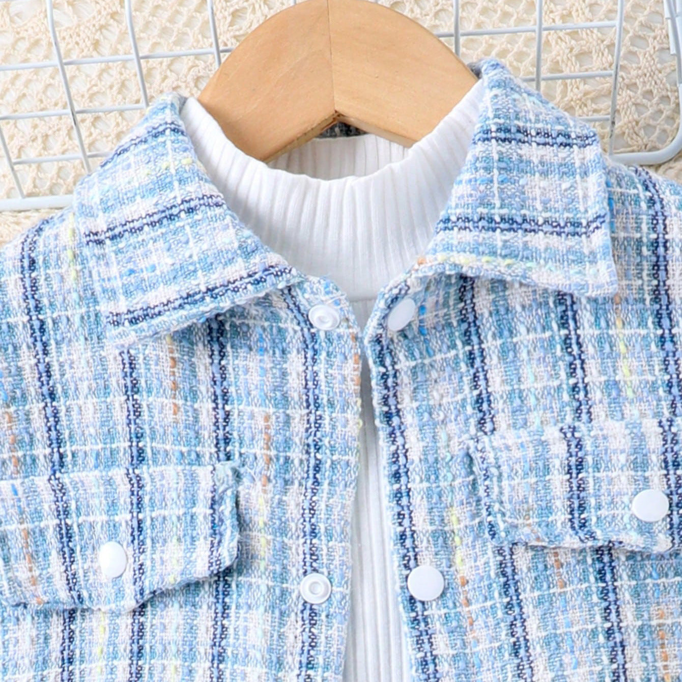 きちんと上品に写真映えする 女の子チェック柄ジャケット×タートルネック×スカート3点セット コットン ピンク・ブルー 4〜7歳