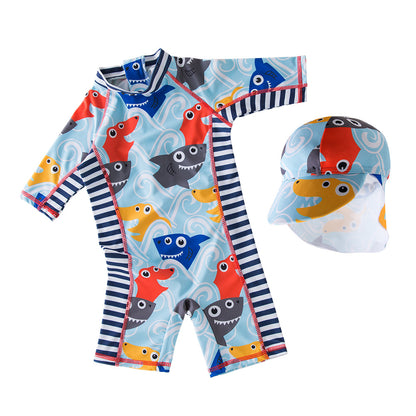 男の子向け サメ柄キッズ水着セット｜長袖ワンピース＋スイムキャップ付き（2〜7歳）プール・海・温泉