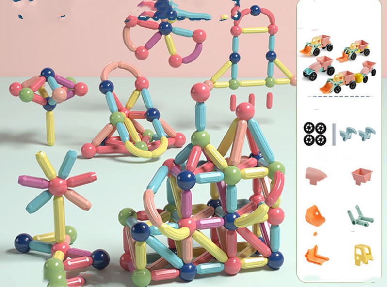 大型の立体構造と作例ガイドが見える磁石ロッドブロックイメージ
