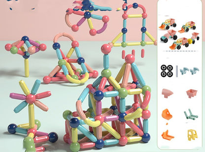 大型の立体構造と作例ガイドが見える磁石ロッドブロックイメージ
