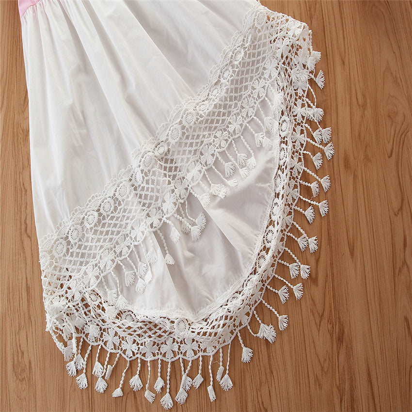 軽やかに揺れるレースタッセル裾で夏のおしゃれが決まる 女の子イレギュラーヘムワンピース フリル袖 コットン 110~160cm