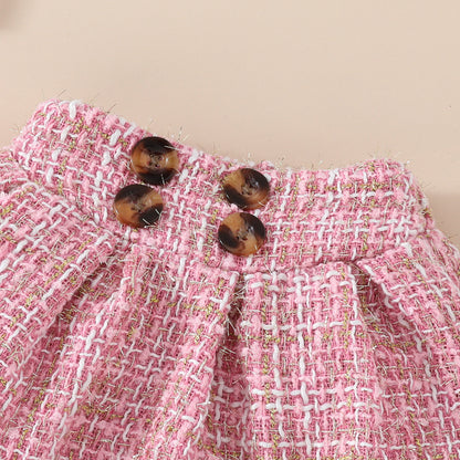 上品コーデが一枚で完成する 女の子ベレー帽付きトップス&スカート3点セット チェック柄・無地デザイン コットンニット 6〜24ヶ月・3歳