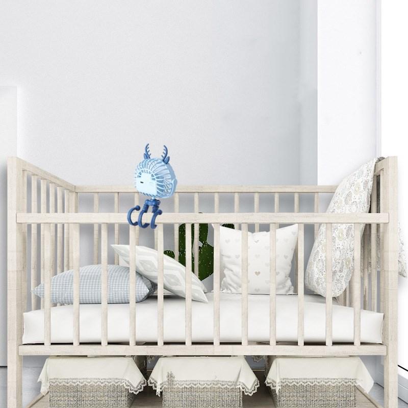 360度回転と静音運転を伝える説明イメージ（クリップ式ベビーカー扇風機・ベビーカーファン）
