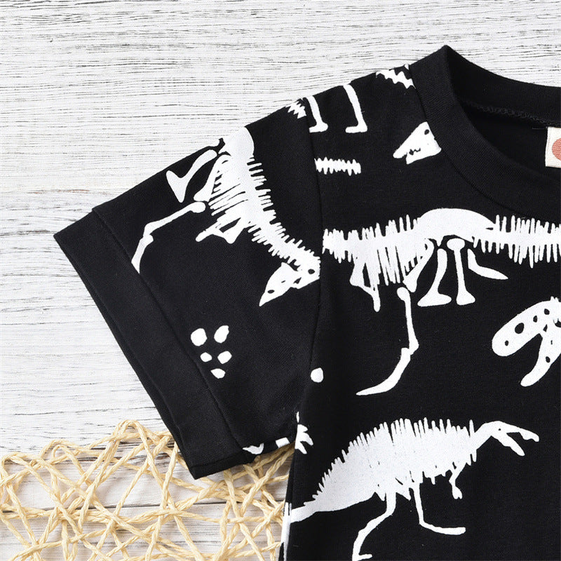 元気に動ける夏のデイリーが一枚で決まる 子ども半袖Tシャツ上下セット 恐竜骨プリント コットン95% 80~120cm