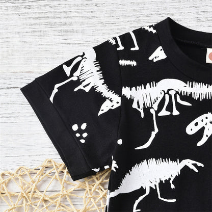 元気に動ける夏のデイリーが一枚で決まる 子ども半袖Tシャツ上下セット 恐竜骨プリント コットン95% 80~120cm