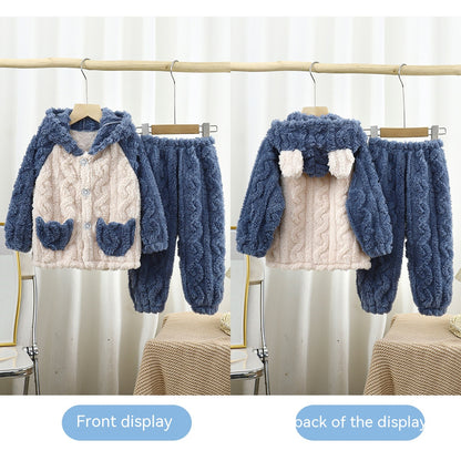 ぬくもりが続く 子どもフランネルフード付きパジャマ上下セット うさぎ耳カートゥーン ジャカード 90~160cm