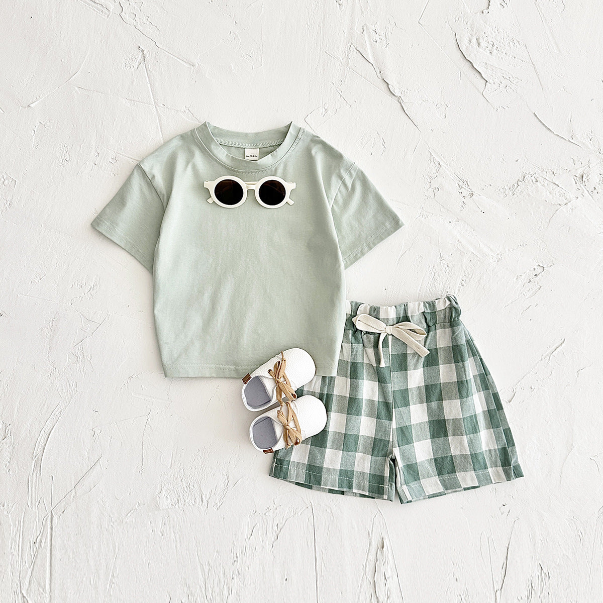 さらっと涼しく動きやすい 子ども半袖Tシャツ＆ショートパンツ上下セット 恐竜プリント×チェック柄 コットン 6〜9ヶ月〜2〜3歳