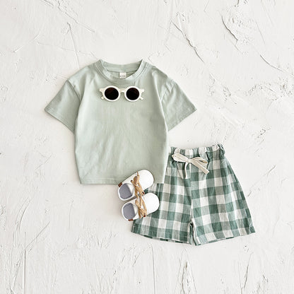 さらっと涼しく動きやすい 子ども半袖Tシャツ＆ショートパンツ上下セット 恐竜プリント×チェック柄 コットン 6〜9ヶ月〜2〜3歳