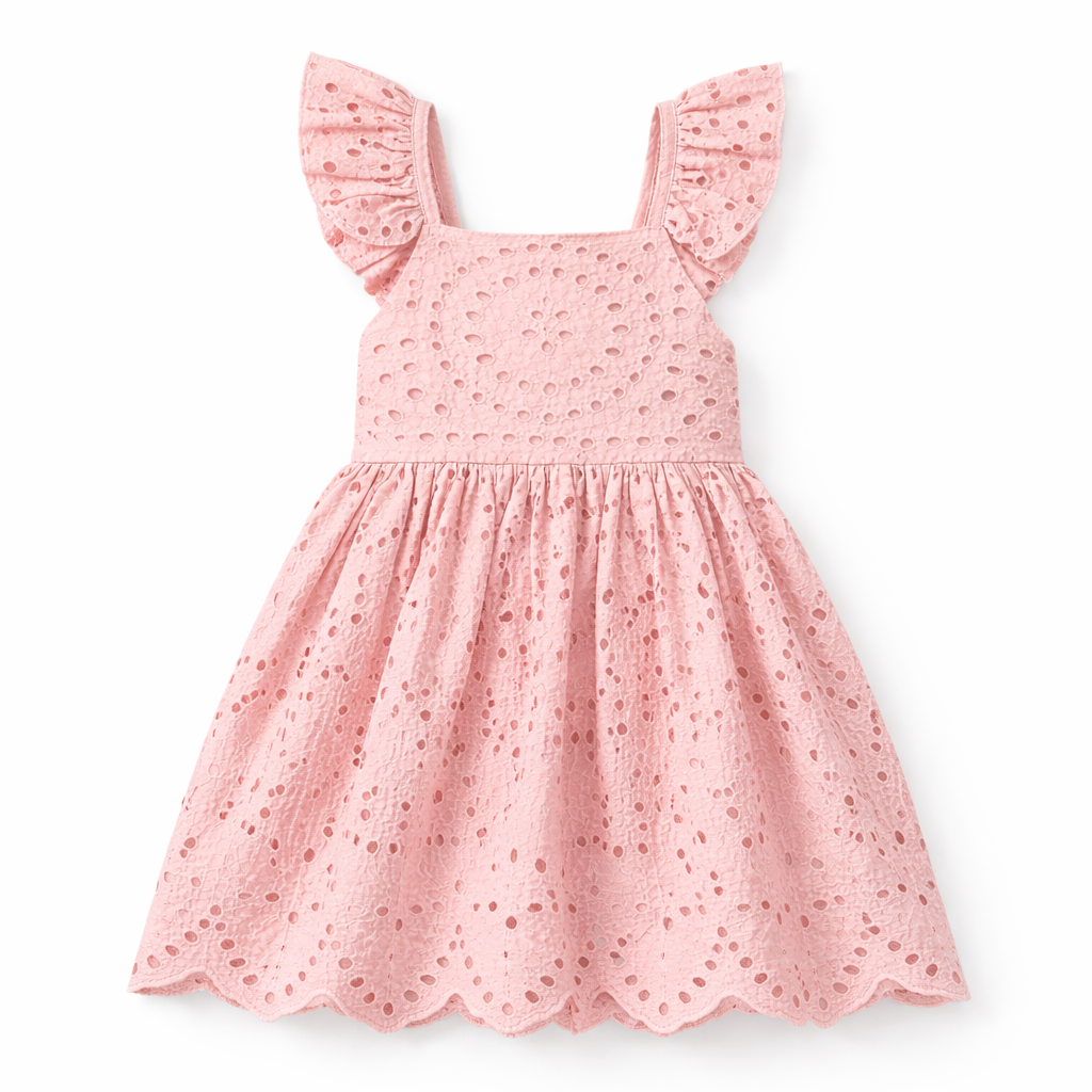 風に揺れて涼しく可憐にきまる 女の子アイレットレースジャンパースカート フリル肩紐バックリボン コットン 80~120cm