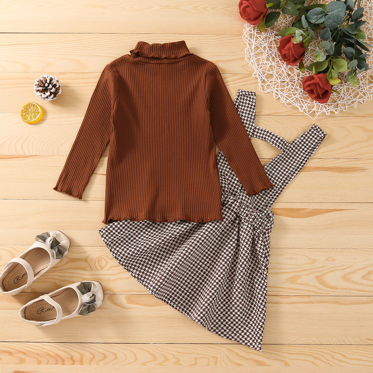 きちんと可愛いが叶う 女の子ハイネックプルオーバー×千鳥格子ジャンパースカート スカートセット コットン 90〜130cm