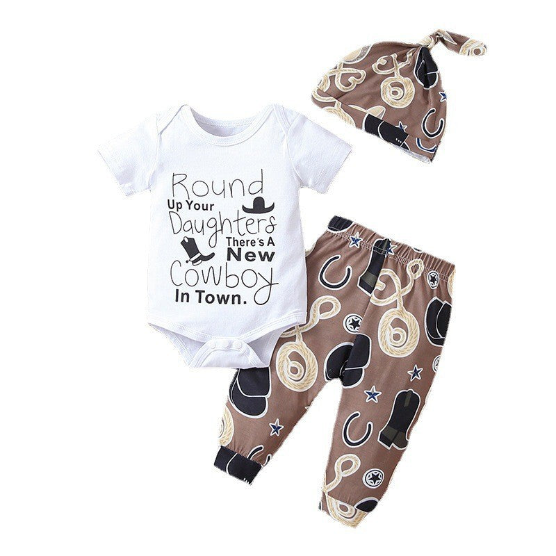 夏もさらっと快適に着られる 赤ちゃん英字プリント半袖ロンパース＆ロングパンツ＆帽子 3点セット コットン ホワイト 60~100cm