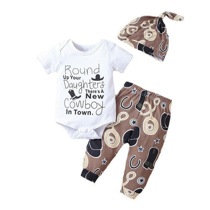 夏もさらっと快適に着られる 赤ちゃん英字プリント半袖ロンパース＆ロングパンツ＆帽子 3点セット コットン ホワイト 60~100cm