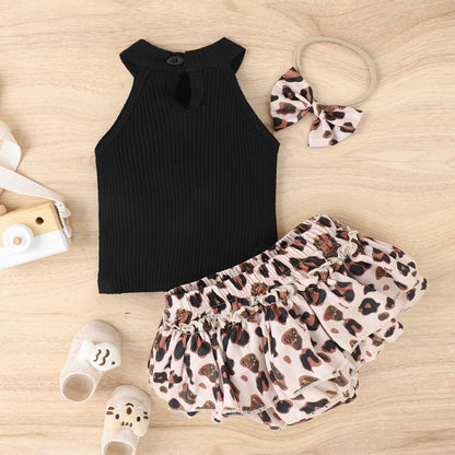 涼しげにおしゃれが完成する 女の子ホルターネックノースリーブ上下セット レオパード柄フリルスカート＋リボンヘアバンド付き コットン95% 70~100cm