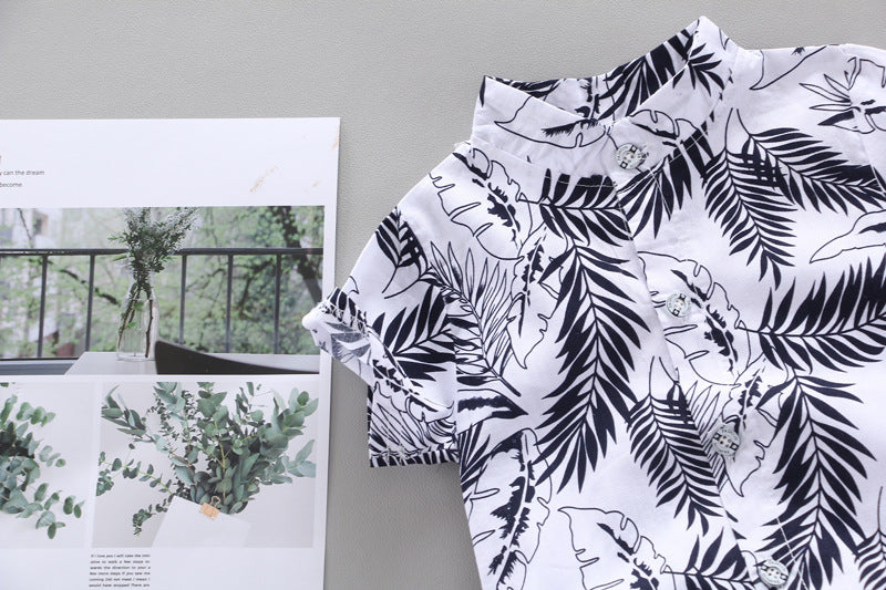 さらっと涼しく夏コーデが完成する 子どもボタニカルリーフ柄シャツ＆ショートパンツセット 韓国風デザイン コットン 80~110cm