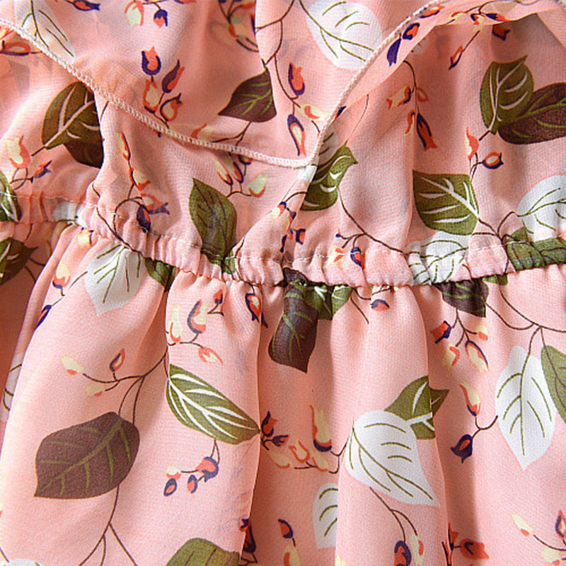 涼やかリーフ柄で夏のおでかけが映える 女の子ノースリーブワンピース シフォン風プリント 韓国風 ピンク・イエロー 100~140cm