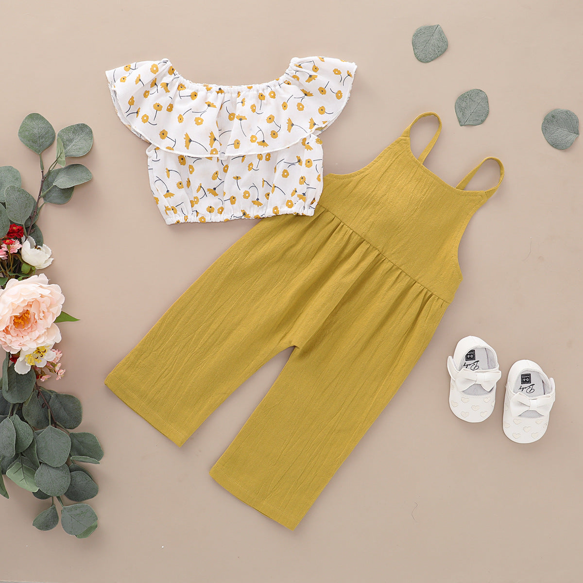 夏を涼しく可憐に楽しむ 女の子ノースリーブトップス＆サロペット二点セット 花柄フリルデザイン コットン 80~120cm