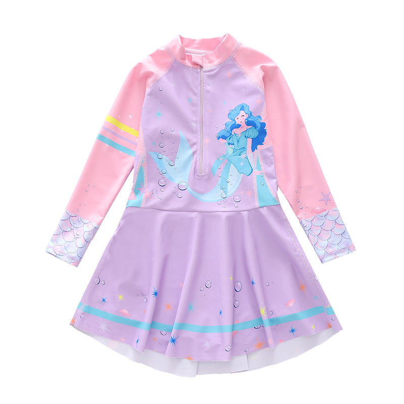 キッズ女の子 長袖ドレス風ワンピース水着 マーメイド柄 ハーフジップ 速乾ポリエステル 3〜14歳
