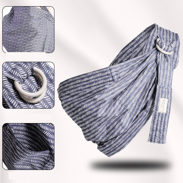 ブルーの新生児横抱きリングスリング 着用イメージ 白背景（スリング抱っこ）
