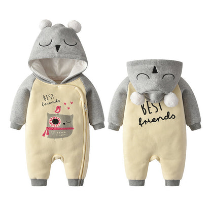 ベビー長袖ジップロンパース フード付き バード/アニマル柄 コットン やわらか・保温 春秋冬 | Baby Long Sleeve Zip Romper Hooded Bird/Animal Print Soft Cotton Warm Spring/Autumn/Winter Lumisei Prime