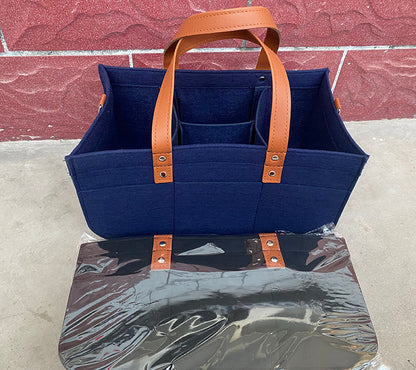 ベビーカー取付OK｜フェルト製おむつキャディ収納バッグ 33×15×18cm（PUレザーハンドル）