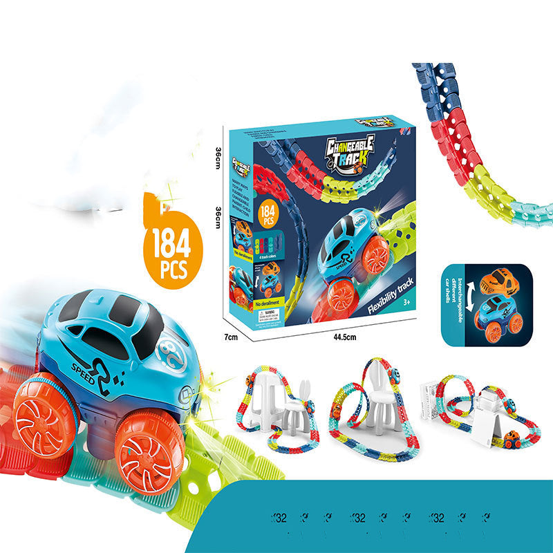 184ピースのボリュームセットと長く組まれたレールコース全体とパッケージを見せる商品画像
