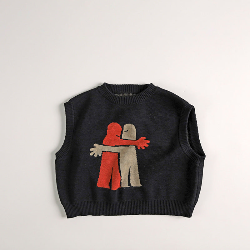 背面のカートゥーンデザインをアップで撮影したニットベスト
