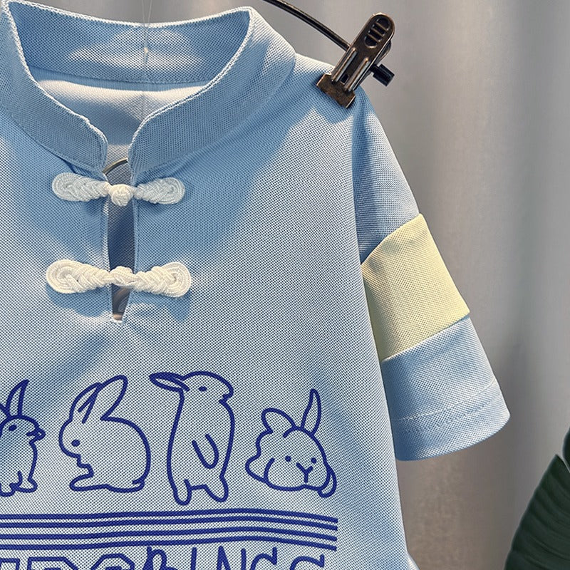 動きやすくてさらり快適 男の子半袖セットアップ うさぎイラスト＆チャイナボタン風 コットン混 90~150cm