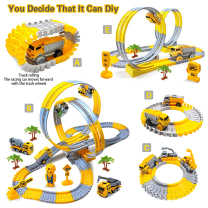 工事トラックとテスラ風カーが並んだクライミングトラックのディテールショット
