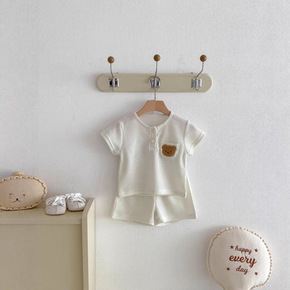 さらっと涼しく毎日コーデが整う 子ども半袖上下セット くまワッペン付きワッフル調 コットン素材 73~110cm