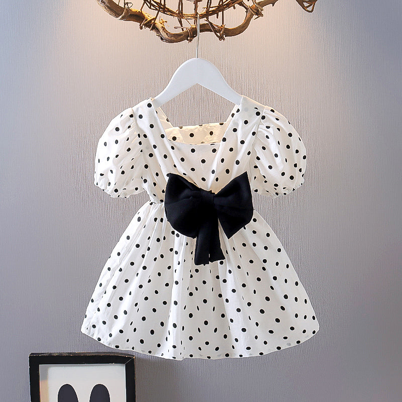 涼やかモノトーンで上品に映える 女の子半袖ワンピース 大きめリボン 葉柄・ドット柄 コットン 80~130cm