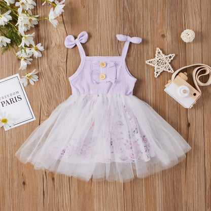 ふんわりチュールでお姫さま気分を楽しめる 女の子ジャンパースカート リボン肩紐＆リブ風トップス 花柄レイヤード コットン 80〜120cm