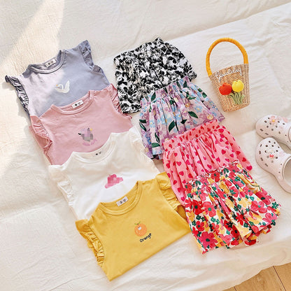 涼しげフリル袖で夏コーデが可愛く整う 女の子トップス＆花柄ショートパンツ2点セット コットン 90~140cm