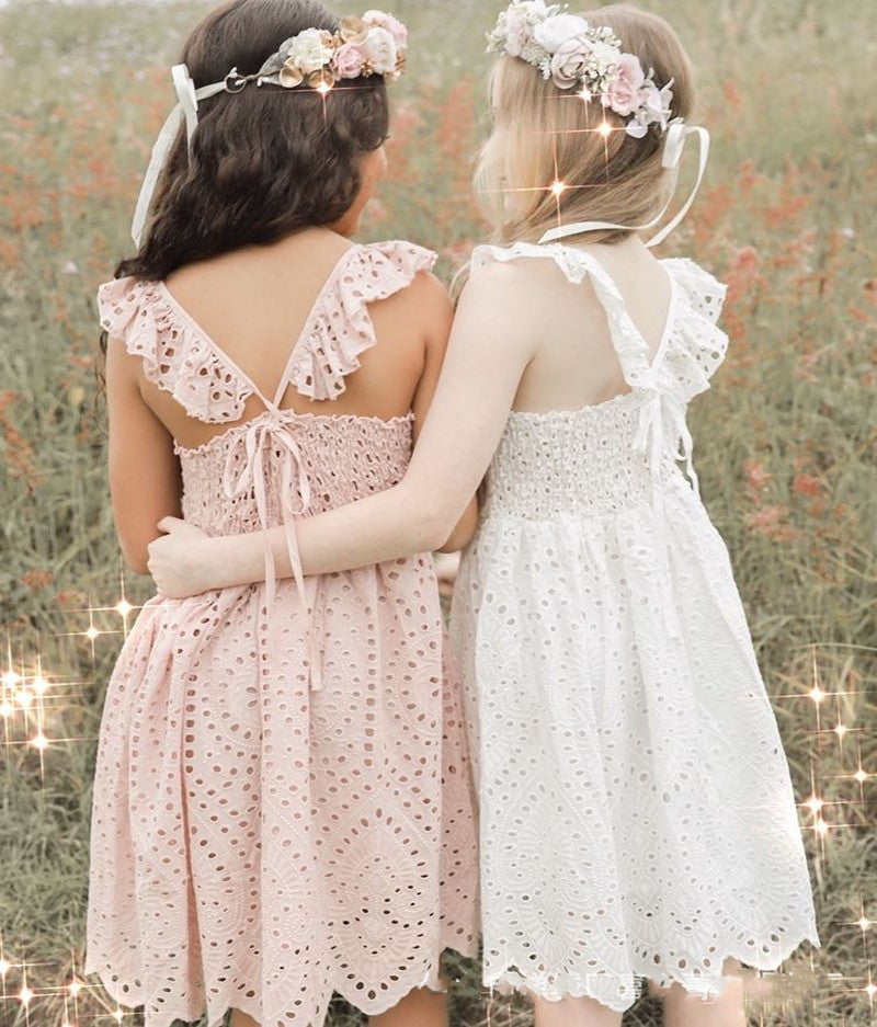 風に揺れて涼しく可憐にきまる 女の子アイレットレースジャンパースカート フリル肩紐バックリボン コットン 80~120cm