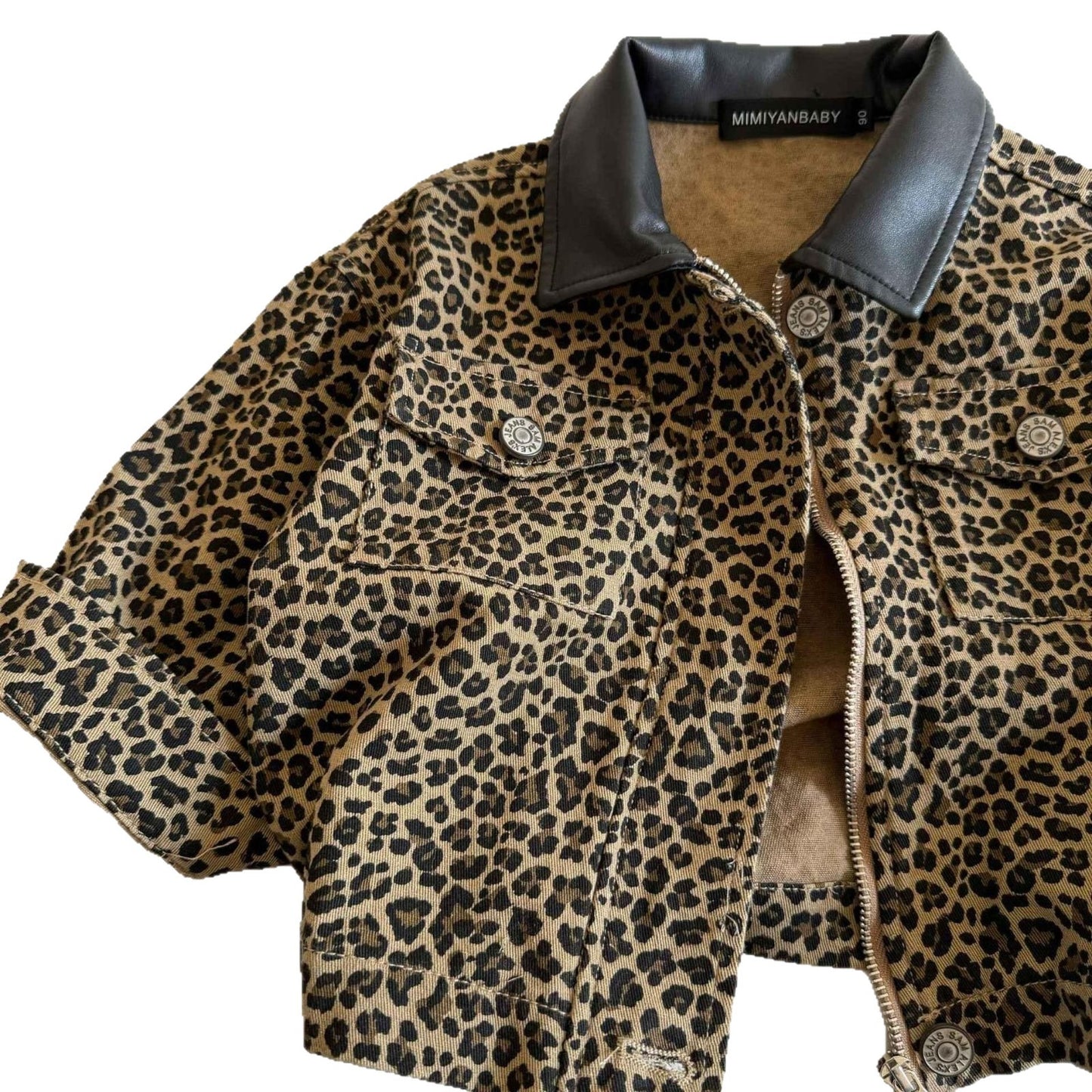 こなれレオパードで即おしゃれ見え 子ども長袖ショートジャケット レオパード柄×ブラック襟 ポリエステル混裏地 90~140cm