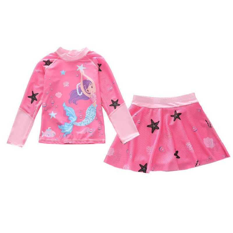 キッズ女の子 マーメイド柄 長袖ラッシュガード上下セット スカート付きセパレート UV対策 速乾ポリエステル 3〜13歳