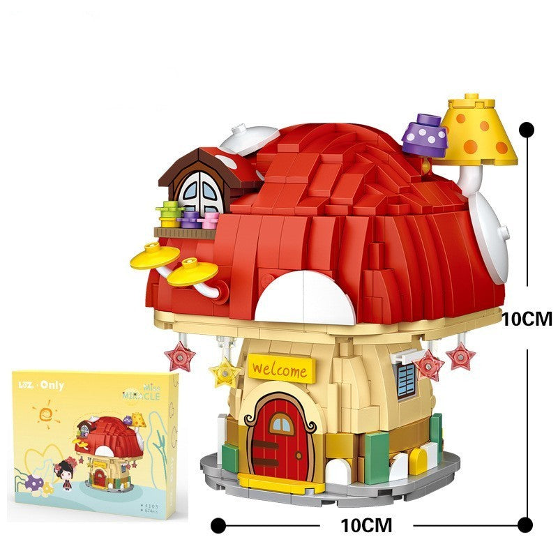 赤い屋根が特徴のキノコ型ブロックハウス。細部まで再現された窓やドア、煙突、装飾パーツ、カラフルな基礎台座が含まれる知育ビルディングトイ。高さ10cm×幅10cmのコンパクトサイズで、創造力トレーニングや室内遊びに最適な小粒ブロックセット。
