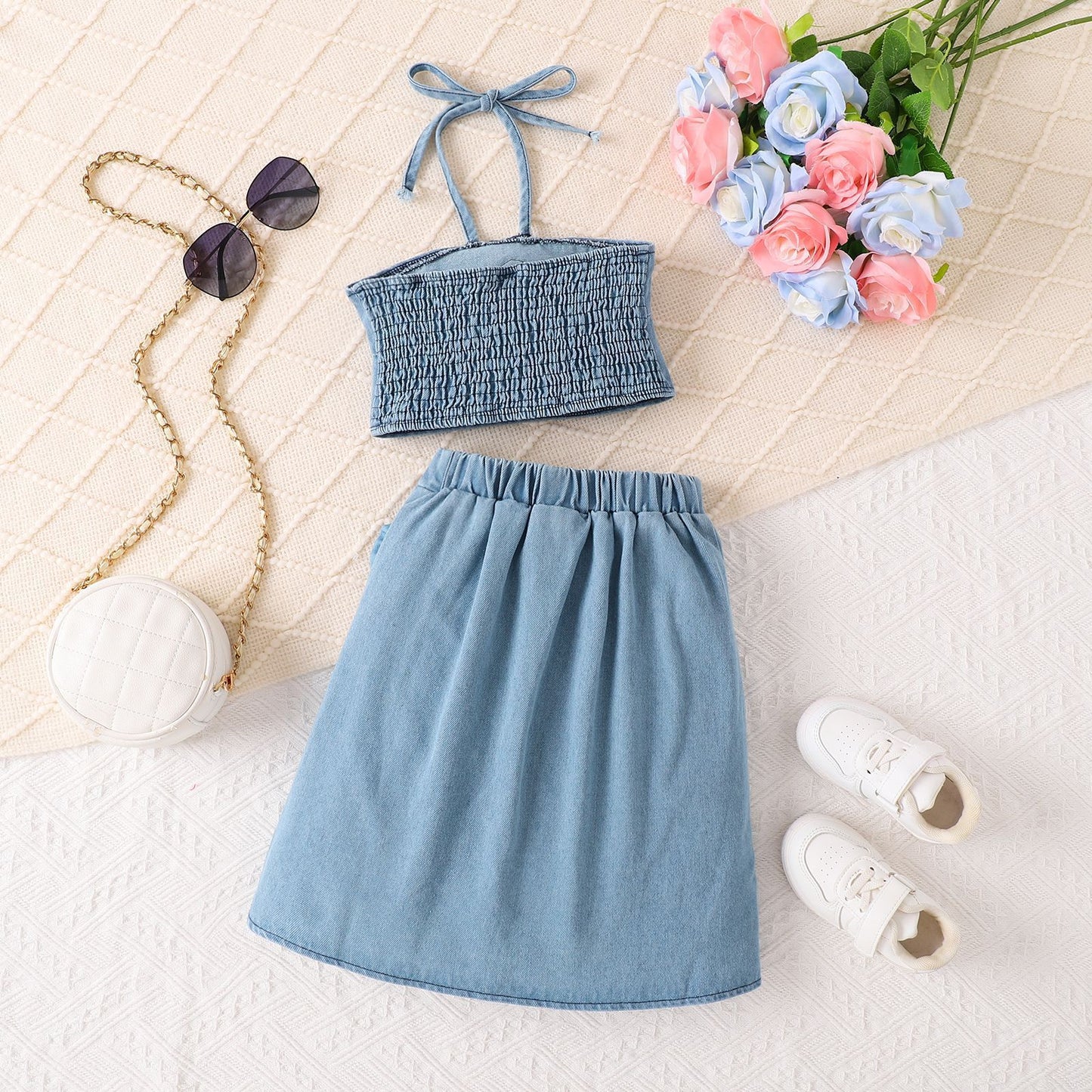 さらっと涼しく上品に華やぐ 女の子ホルターネックタンクトップ＆ショートスカートセット ローズモチーフ コットン素材 4〜7歳