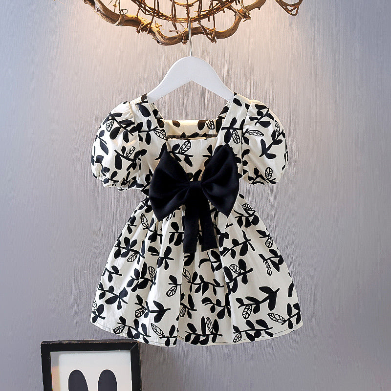 涼やかモノトーンで上品に映える 女の子半袖ワンピース 大きめリボン 葉柄・ドット柄 コットン 80~130cm