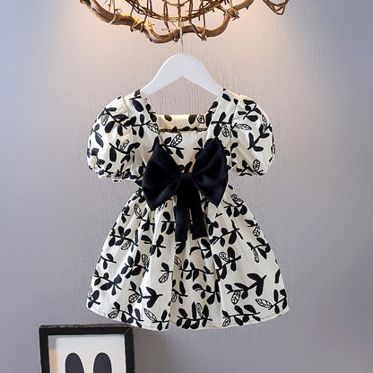 涼やかモノトーンで上品に映える 女の子半袖ワンピース 大きめリボン 葉柄・ドット柄 コットン 80~130cm