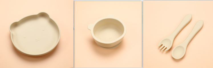 オフホワイトカラーのシリコンベビー食器3点セット（ボウル・プレート・スプーン）の画像（シリコンベビー食器セット）
