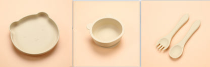 オフホワイトカラーのシリコンベビー食器3点セット（ボウル・プレート・スプーン）の画像（シリコンベビー食器セット）

