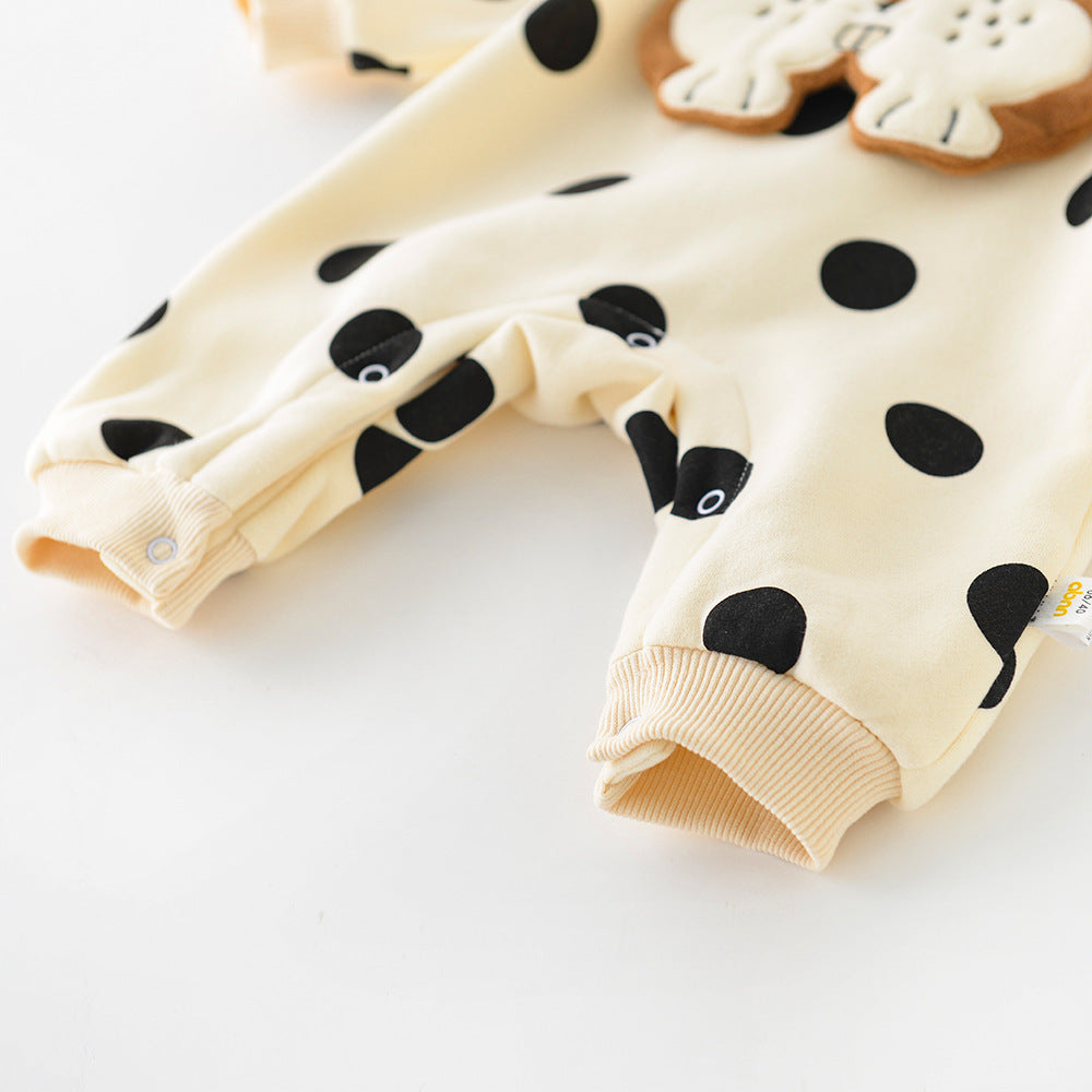 やわらかコットンで毎日かわいく過ごせる 子どもカバーオール ドット柄アニマル立体アップリケ ロングスリーブ 66~90cm