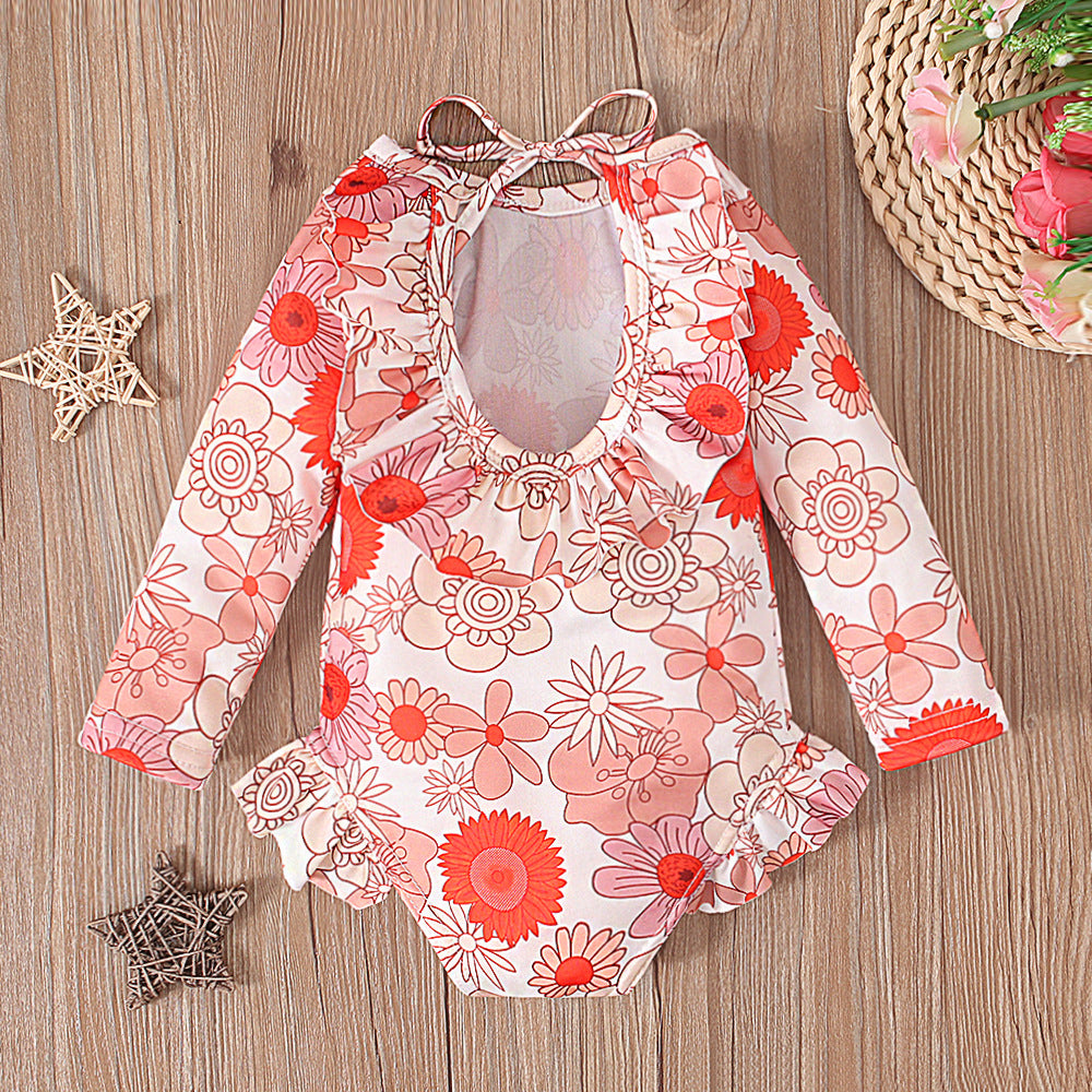 ベビー女の子 長袖UVラッシュガードワンピース水着 花柄 オープンバック フリル付き 70cm・80cm・90cm・100cm・110cm
